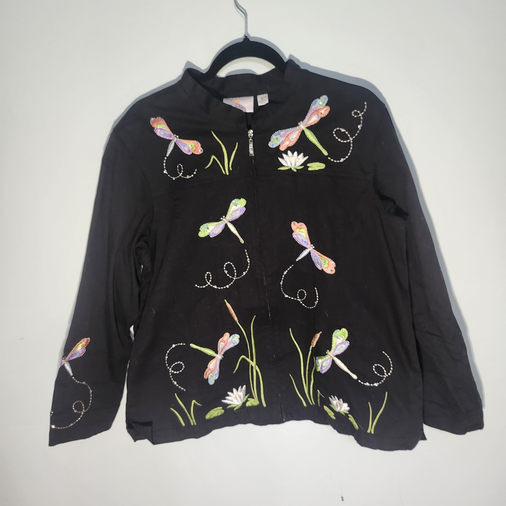 Quacker Factory Black Beaded Dragonfly Embellished Jacket Zip Front